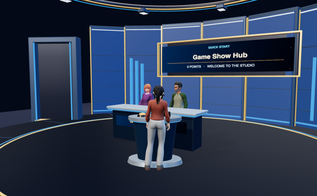 The GameShowHub studio with hosts and a contestant at the podium